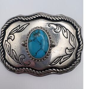 Decorative Silver Belt Buckle with Vibrant Turquoise Center Stone